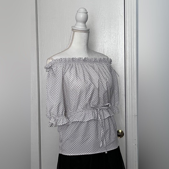 Off The Shoulder Polka dots Blouse Puffed Sleeves - Picture 4 of 11